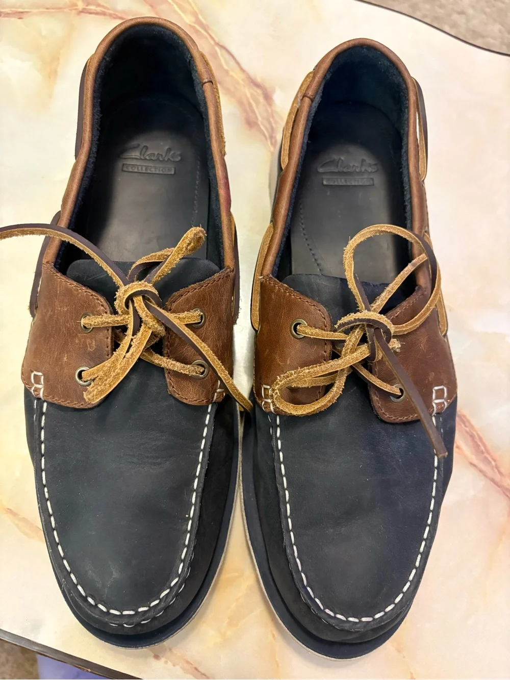 Clarks Port View Boat Shoes Navy Brown Leather Nautical Mens Sz 11
